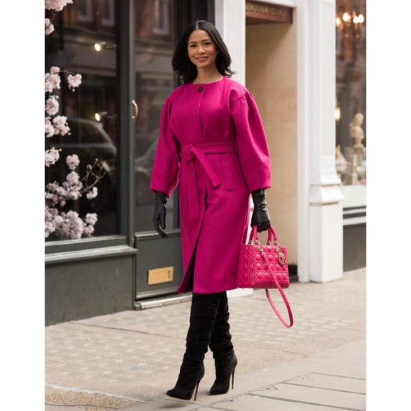 Zara puff sleeve wool blend belted coat fuchsia pink - Picture 3 of 15